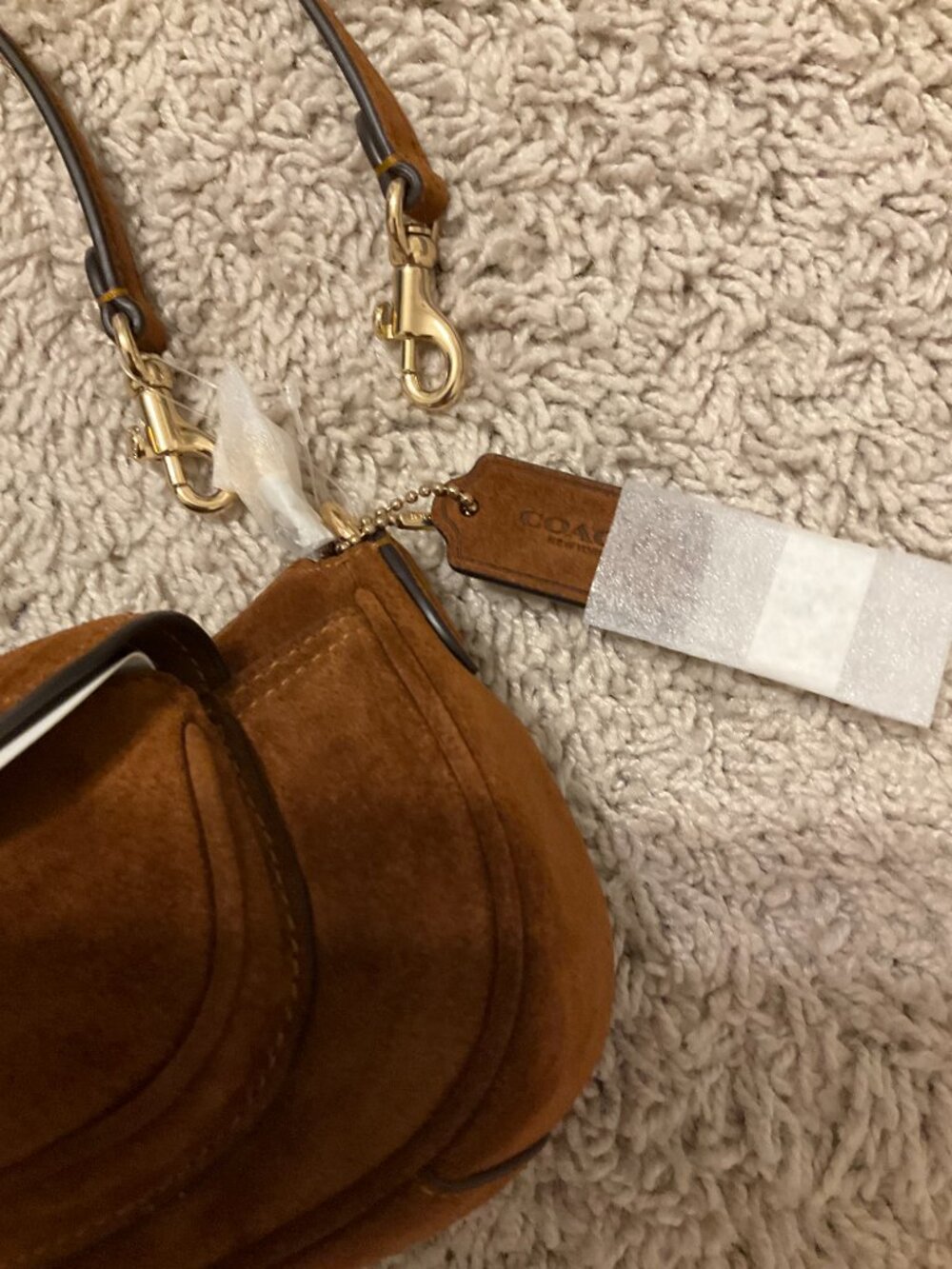 COACH ashton mini shoulder bag. suede/gold /warm brown. item # cfa50. - Picture 16 of 16